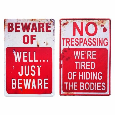 Halloween Decoration Halloween Signs Retro Chic Metal Signs for Outdoor Yard Signs or Indoor Halloween Decor Signs-No Trespassing We're Tired of Hiding The Bodies & Beware of Well Just Beware