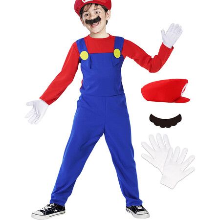Plumber Costume for Kids-Halloween Kids Cosplay Jumpsuit with Accessory (Size:S)
