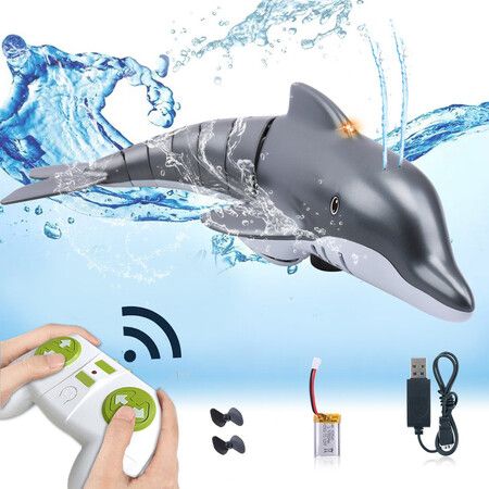 Remote Control Dolphin Toy 2.4G High Simulation Dolphin for Swimming Pool Bathroom RC Boat Shark Toys for 6+ Year Old(Grey)