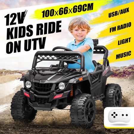 Kids Electric Car UTV Ride On Battery Remote Control Toy Vehicle Off Road Charging Racing Jeep 12V Black Lights Music Radio Rear Storage