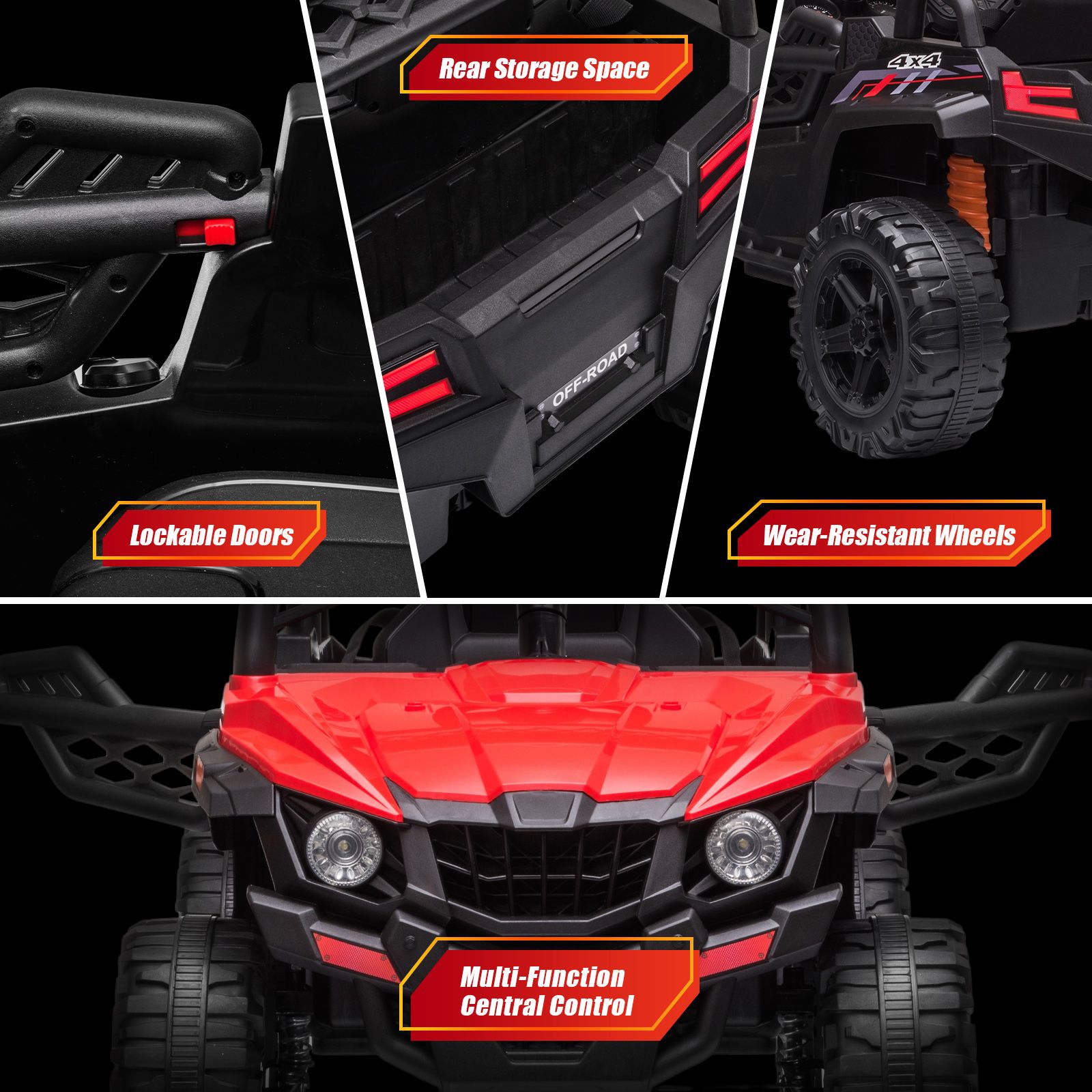 Kids Electric Car UTV Battery Remote Control Ride On Toy Vehicle Charging Off Road Racing Jeep 12V Red Lights Music Radio Rear Storage