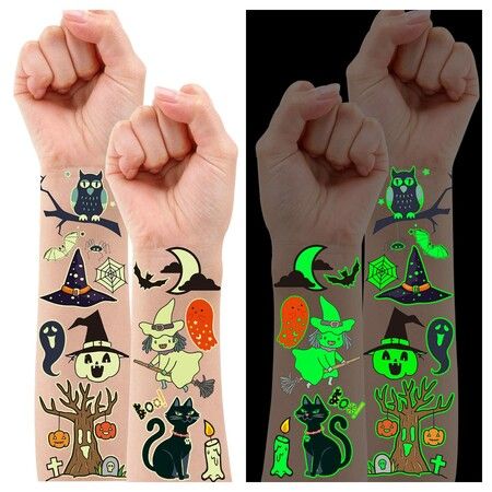 100 Styles Glow Halloween Party Supplies, Luminous Halloween Temporary Tattoos for Kids Birthday Party Decorations Favors, Halloween Gifts Goodie Bag Fillers (10 Sheets)