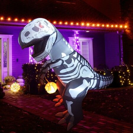 2.1m Halloween Inflatables Outdoor dino dinosaur with Pumpkin  Blow Up Yard Decoration with LED Lights Built-in for Holiday Party Yard Garden