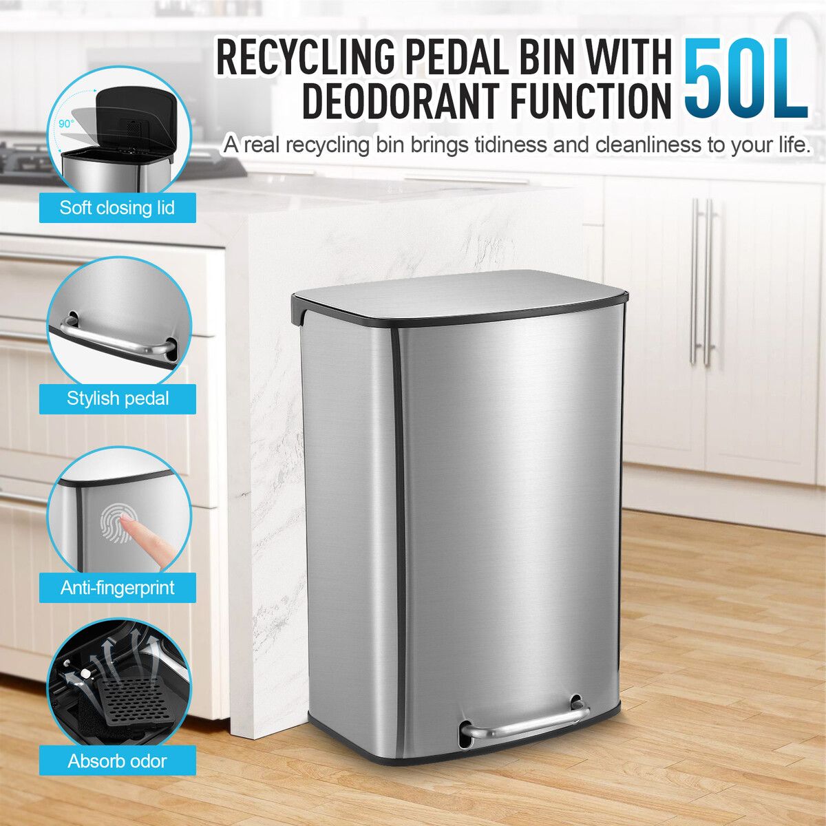 50L Pedal Bin Garbage Can Rubbish Recycling Trash Waste Stainless Steel Rectangular Trashcan Soft Closing Lid Kitchen House Indoor Office