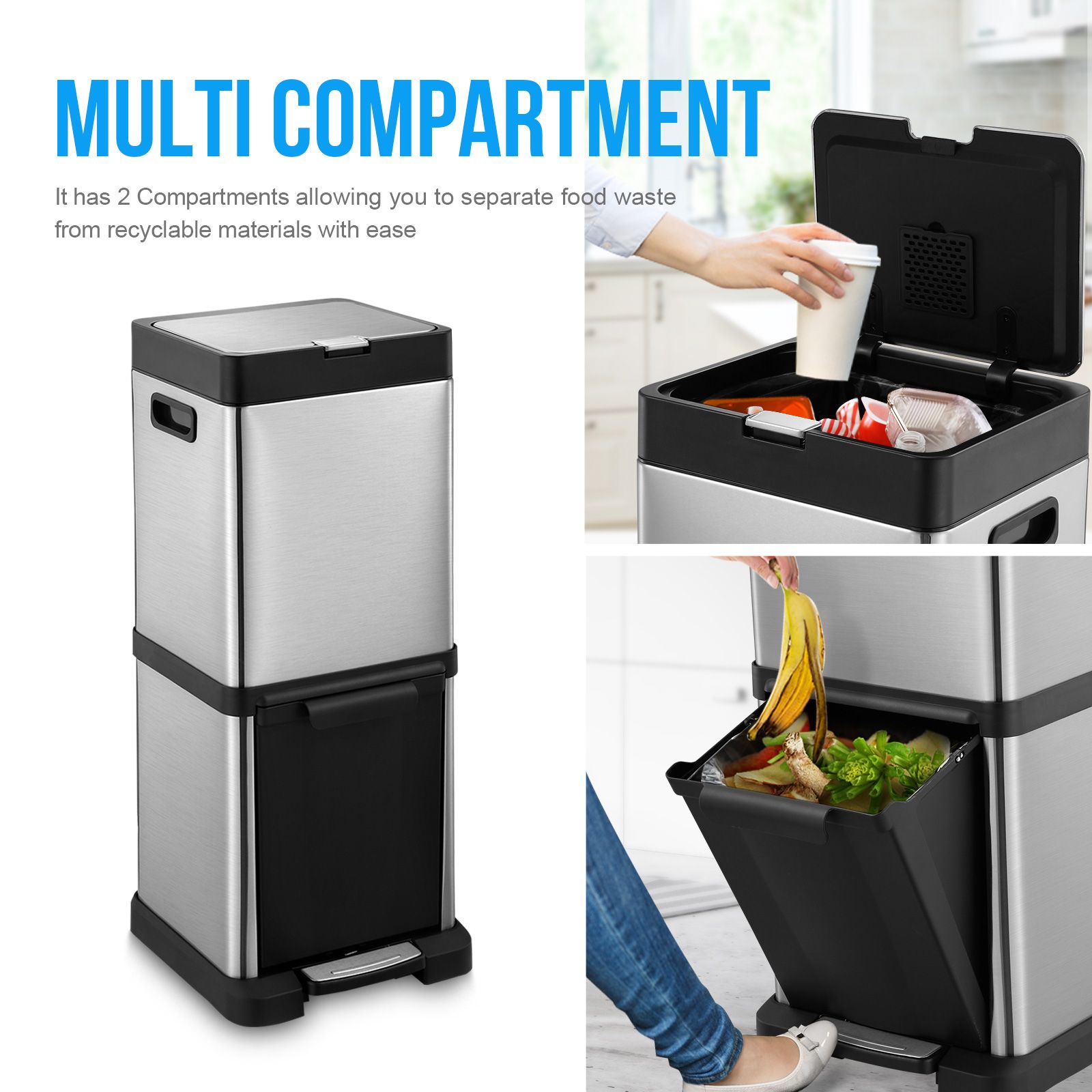 40L Rubbish Bin Dual Compartment Pedal Garbage Can Recycling Trash Waste Stainless Steel Trashcan Soft Closing Lid Kitchen