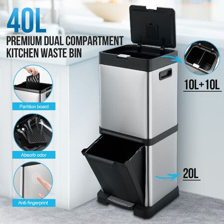 40L Rubbish Bin Dual Compartment Pedal Garbage Can Recycling Trash Waste Stainless Steel Trashcan Soft Closing Lid Kitchen