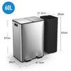 60L Rubbish Bin Dual Compartment Pedal Garbage Can Recycling Trash Waste Stainless Steel Trashcan Soft Closing Lid Kitchen