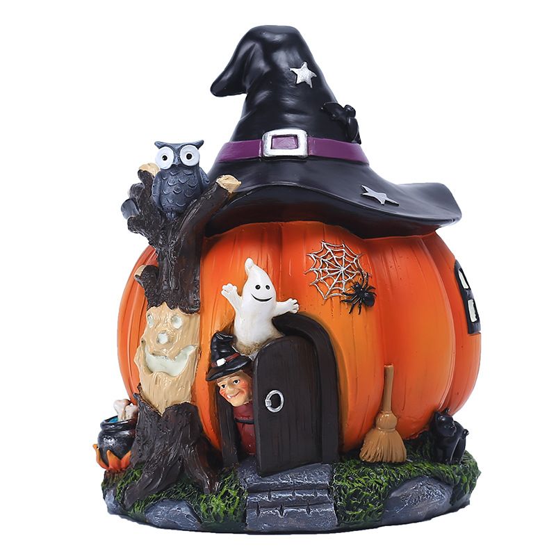 Halloween Pumpkin Decoration Halloween Witch Pumpkin House Statue Glowing Resin Treat or Trick Figurine for Table Desktop Ornament Halloween Decor