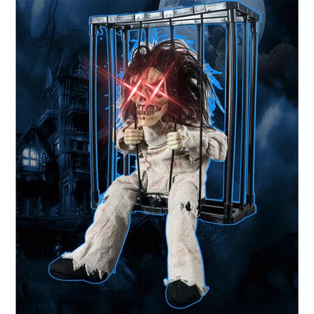 Skeleton Animated Halloween Decorations,Screaming Halloween Decor with Motion Activated & Light Sensor,Spooky Prisoner Cage with Spider Web Haunted House Decorations,Ghost with Long-hair