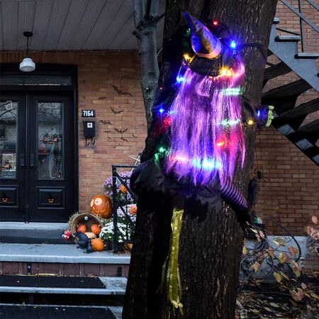 Crashing Witch into Tree Fairy Light String for Outdoor Porch Garden Patio Pathway Party Halloween Decor Purple Hair (colorful LED Light)