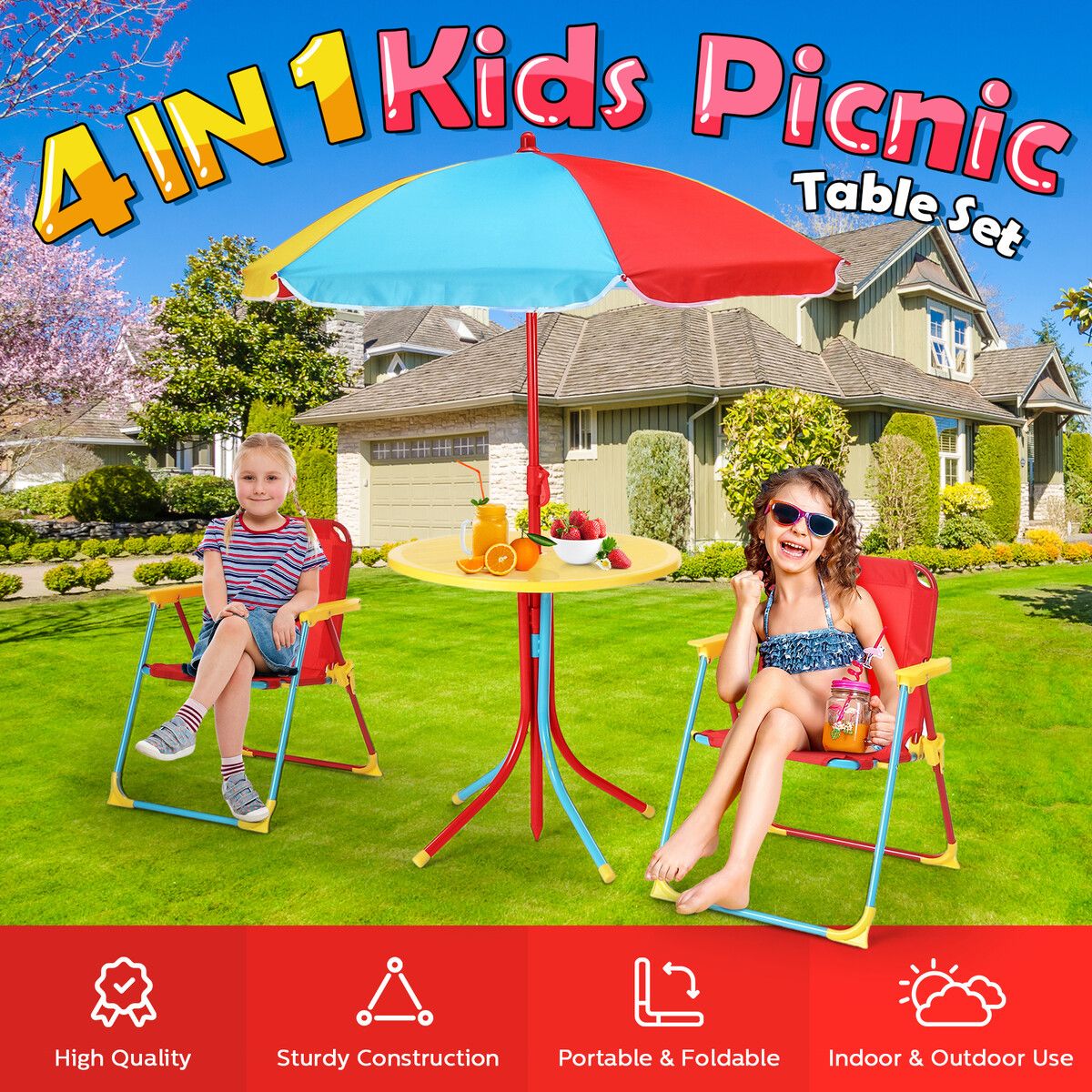 Kids Table and Chairs Set 4 In 1 Outdoor Picnic Children Desk Seat Folding Beach Sun Shade Toddler Play Activity Toy Height Adjustable Umbrella