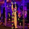 5.6 Ft Halloween Hanging Animated Talking & Shaking Scary Clown with Chain,Light Up Red Eyes,Sound & Touch Activated for Halloween Decor Prop Indoor/Outdoor,Haunted House,Yard Decorations