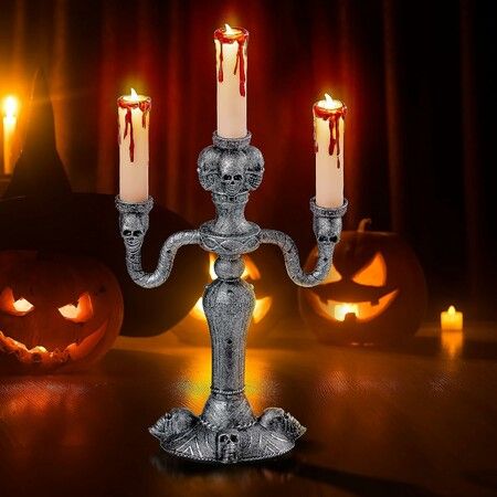 Halloween LED Candles, Lighted Haunted Candlestick with Flickering Lights Battery Operated Candles for Halloween Home Decoration Party Supplies