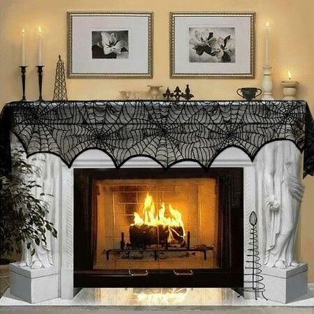Halloween Decorations Black Lace Spiderweb Fireplace Mantle Scarf Cover for Halloween Mantle Decor Festive Party Supplies (Black,45x248cm)