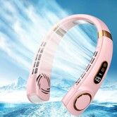 Portable Neck Hanging Fan BLADELESS 4000mAh Rechargeable 5 Speeds Adjustable with Digital Display & LED Light, Type-C Fast Charge (Pink)