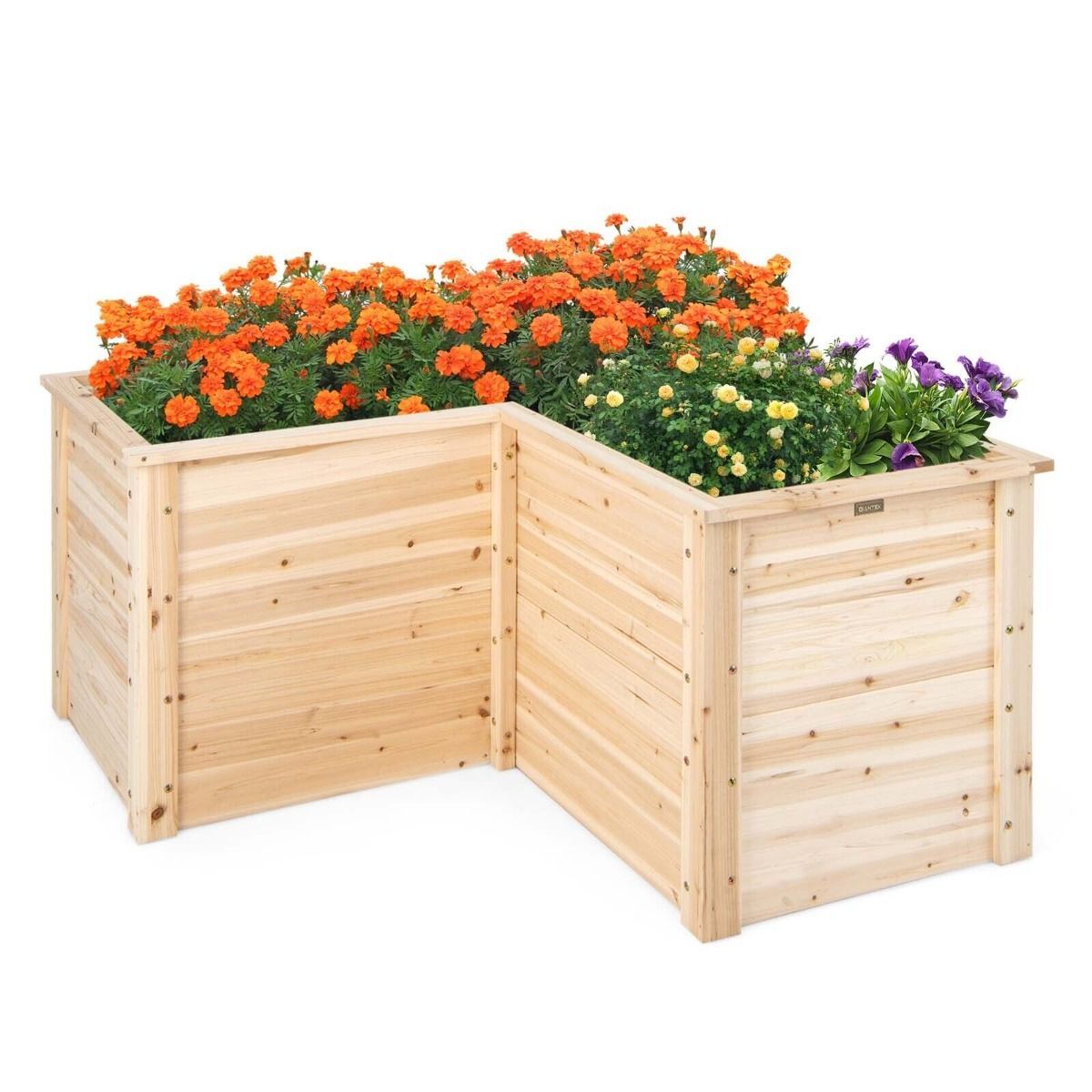 62 CM L-Shaped Wooden Deep Root Planter Box with Open-Ended Base