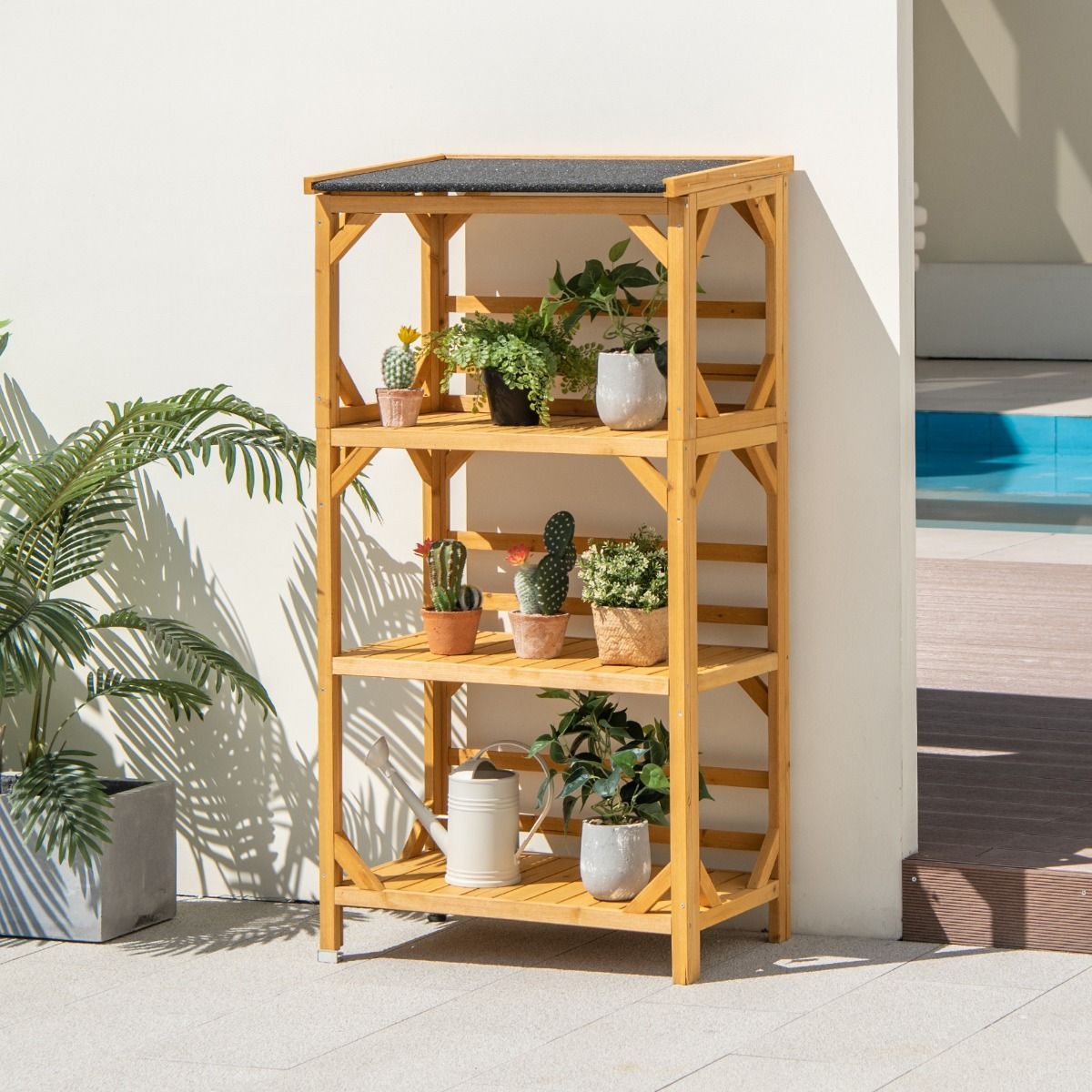 Wooden Storage Rack with Weatherproof Asphalt Roof for Garden