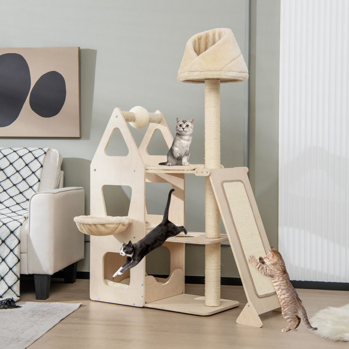 Multi-Layer Wooden Cat Tree with Plush Perch for Kitten