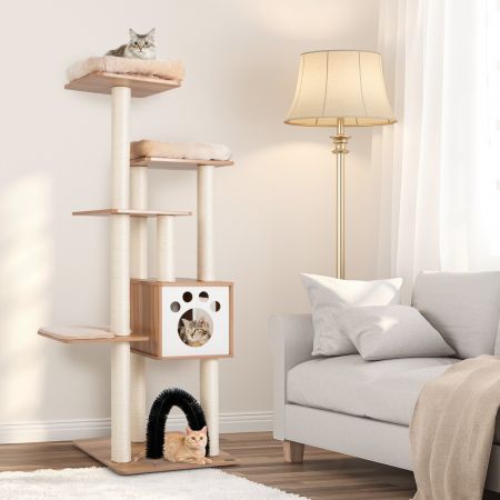 Multi-Level Tall Modern Cat Tree with 2 Top Plush Perches