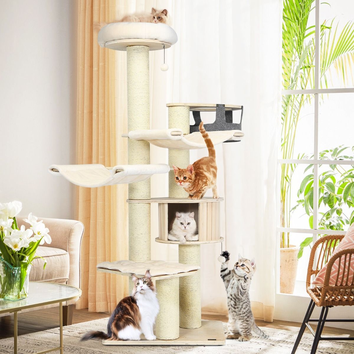 197cm Multi-level Cat Tree Cat Tower with Wooden Condo