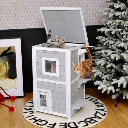 2-Story Wooden Cat House with Opening Asphalt Roof for Cats