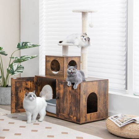 2-in-1 Cat Tree with Litter Box Enclosure & Sisal Scratching Posts