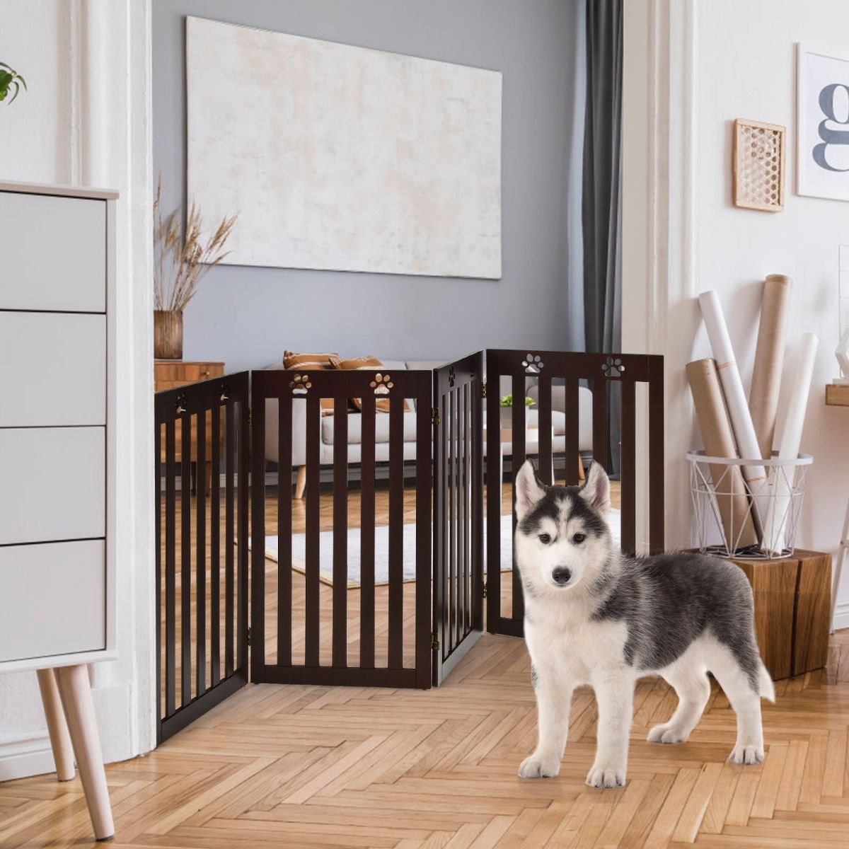 Wooden Freestanding Pet Gate with 360 degree Flexible Hinges