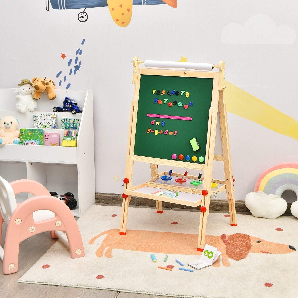 Art Easel with Paper Roll and Double-Sided Adjustable Drawing Easel Board for Kids