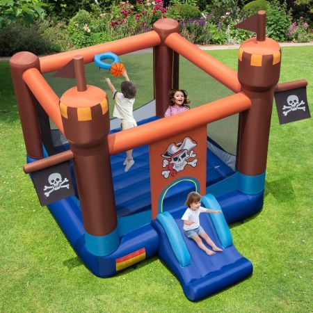 Inflatable Bounce Castle with Large Bounce Area and Basketball Hoop for Outdoor Play without Blower
