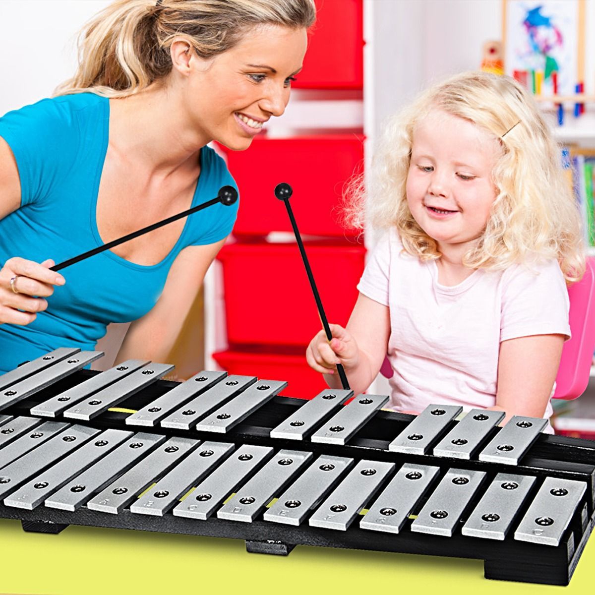 30 Note Glockenspiel Xylophone with Wood Base and Metal Keys for Kids