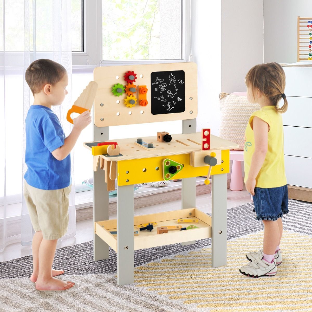 Kid's Pretend Play Workbench Set with Blackboard, Saw & Hammer