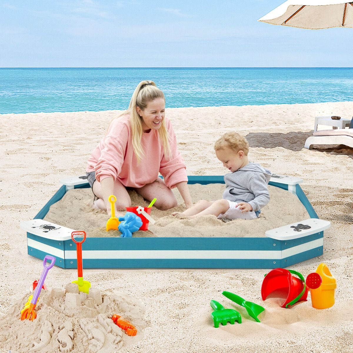 Kids Wooden Sandbox with 4 Corner Seats for Kids Aged 3+