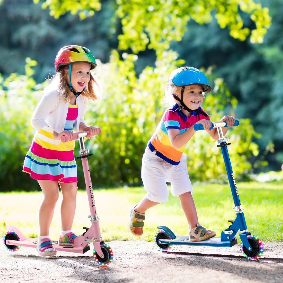 Foldable Lightweight Scooter with Adjustable Height Handlebar and LED Light for Kids