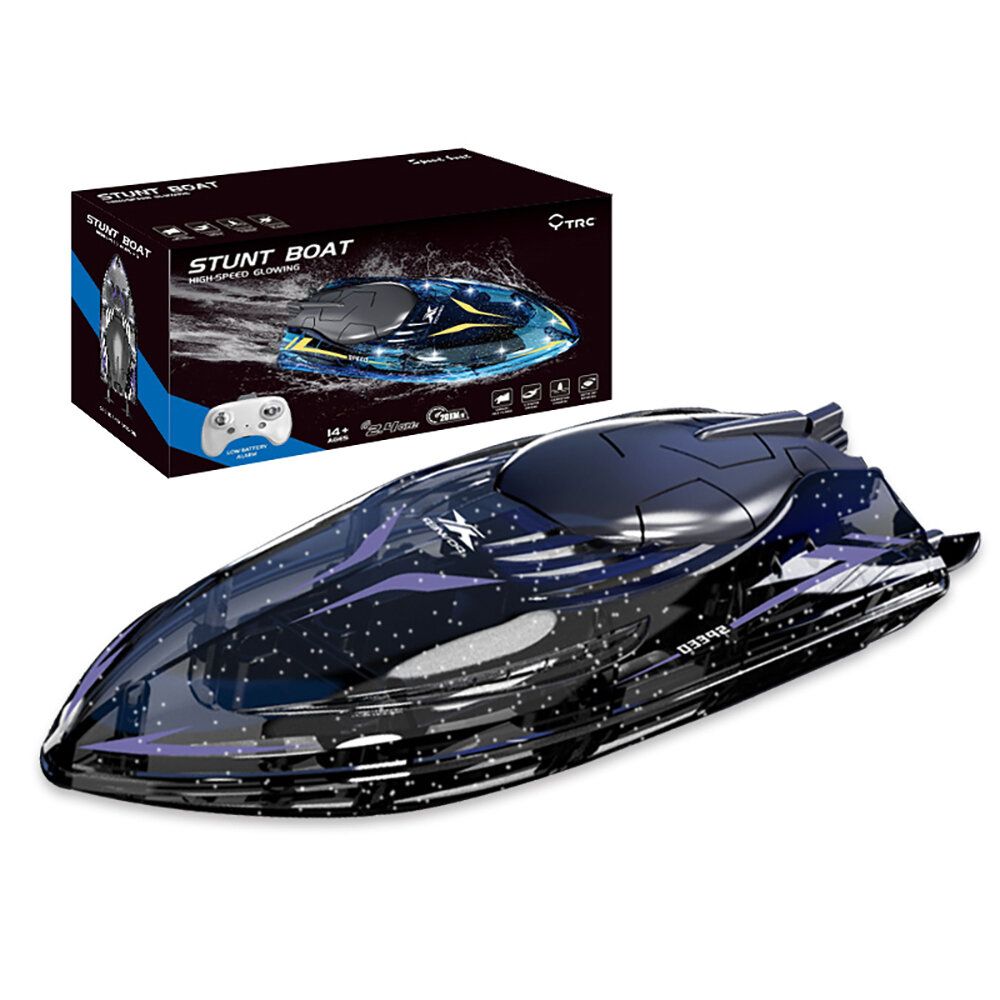 2.4G Stunt 360 Rolling with LED Lights 5CH RC Boat High Speed Speedboat Waterproof Electric Racing Vehicles Lakes Pools Black