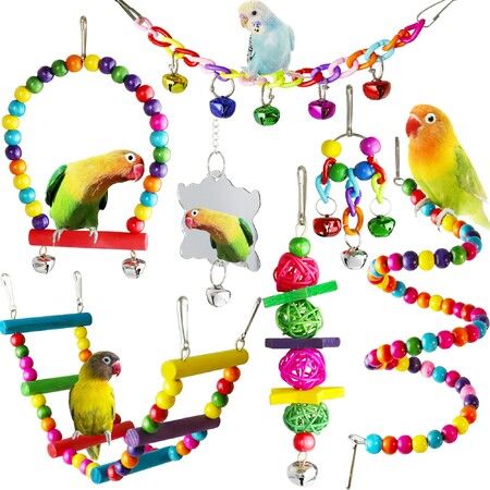 7 Pcs Bird Parakeet Cockatiel Toys Hanging Bell Pet Bird Cage Hammock Swing Climbing Ladders Mirror Chewing Toy for Budgerigar Conures