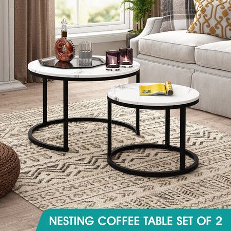 2 Round Coffee Table Set Nesting Bedside Sofa Side End Tea Cafe Nightstand Couch Lounge Lamp Modern Black White Faux Marble Top
