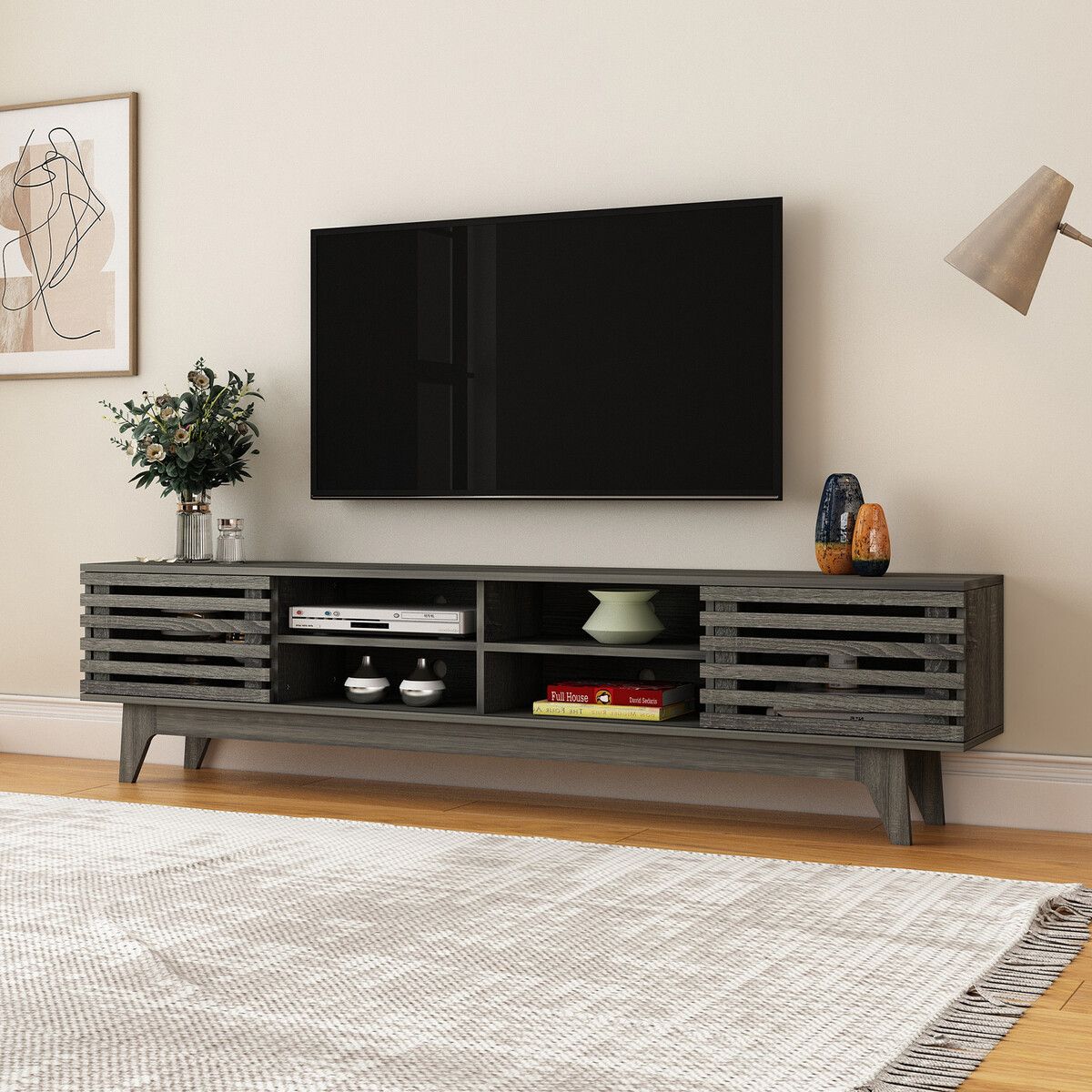 180cm TV Stand Cabinet Entertainment Console Unit Table Bench Center Black Storage Shelf Media Living Room Furniture Wood Modern