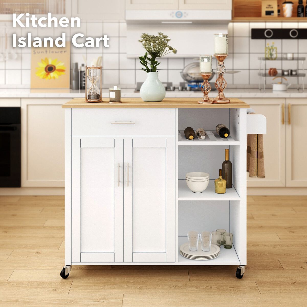 Mobile Kitchen Island Cart Trolley Bar Storage Cabinet Wine Rack Shelf Rolling Serve Utility Shelving Drawer Wood Dining Table Counter 107x46x97cm