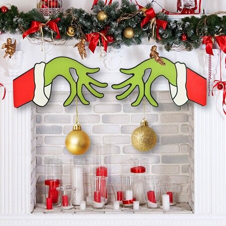 2 Pcs Christmas Thief Hands Hanging Ornament Christmas Tree Wooden Decor Christmas Elf Wreath for Door Wall Decor(Letf&Right Hand)