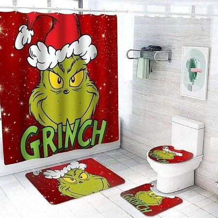 Christmas Shower Curtain 4 Piece Sets with Non-Slip Rugs,Toilet Lid Cover and Bath Mat,Christmas Shower Curtain with 12 Hooks Bathroom Set Holiday Home Decor