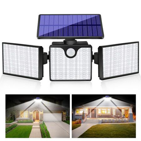 Solar Motion Sensor Light 266 LED Waterproof Luces with 3 Adjutable Head Wide Angle for Outside Garage Yard Patio