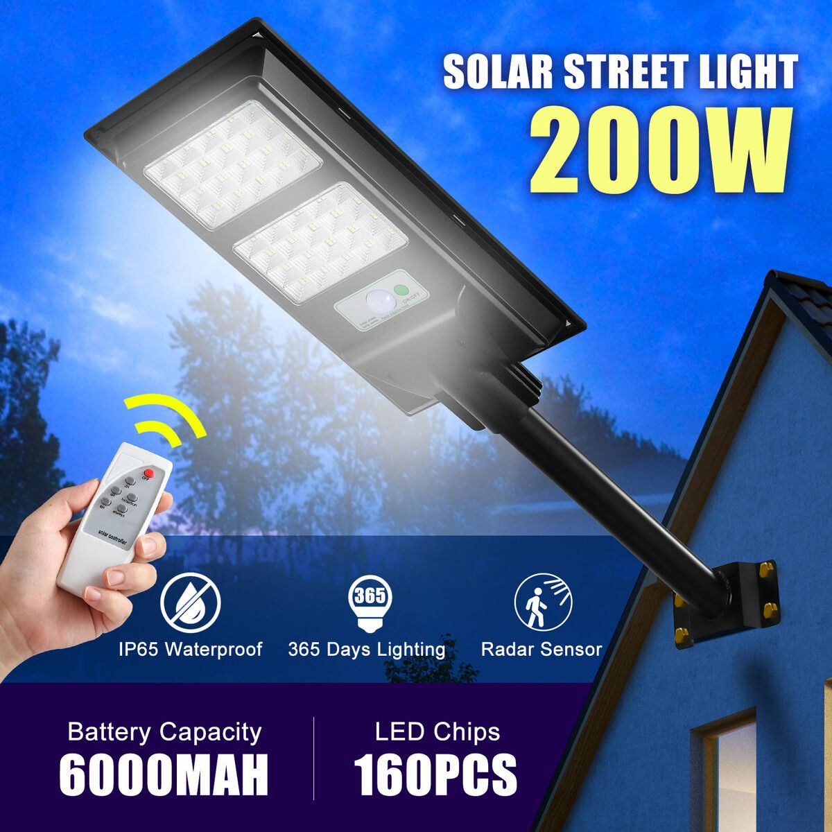 Solar Street LED Light Motion Sensor Remote Outdoor Garden Yard Flood Down Lamp Security Parking Lot Spot Floodlight Pole Waterproof 160 LEDs 200W