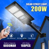 Solar Street LED Light Motion Sensor Remote Outdoor Garden Yard Flood Down Lamp Security Parking Lot Spot Floodlight Pole Waterproof 160 LEDs 200W