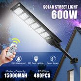 600W Solar Street Lights 480 LED Floodlight Motion Sensor Outdoor Garden Yard Security Flood Down Lamp Remote Control Waterproof Parking Lot Spot Pole