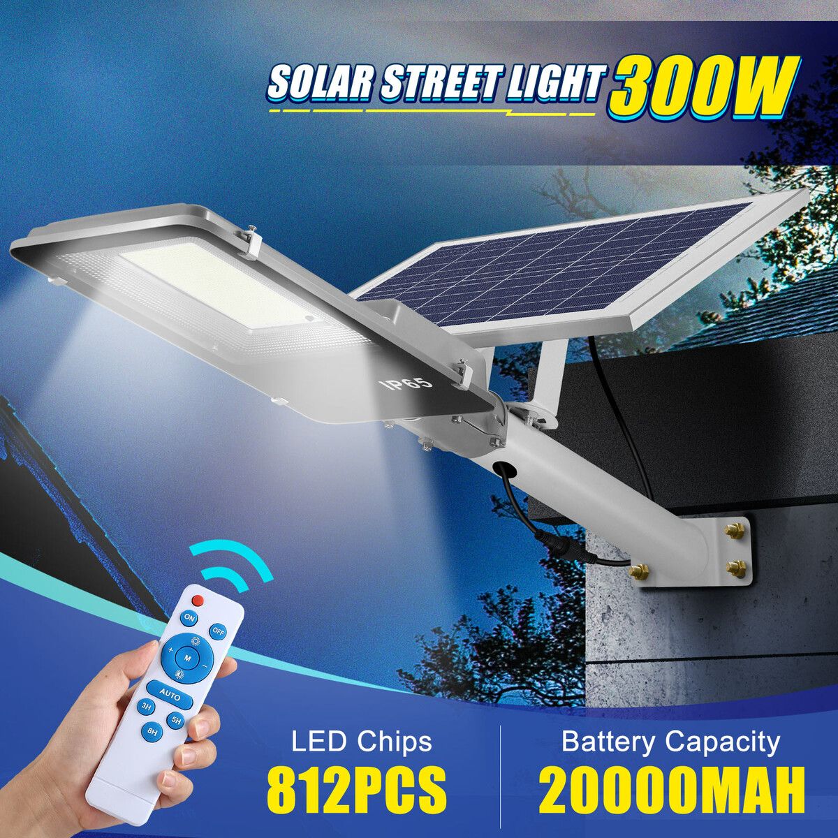 812 LED Solar Street Light 300W Remote Outdoor Garden Security Wall Lamp Floodlight Sensor Flood Down Parking Lot Spot Pole Waterproof