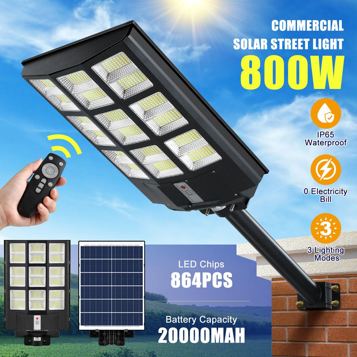 800W LED Solar Street Light Commercial Road Flood Lamp Motion Sensor Remote Outdoor Garden Wall Dusk To Dawn Patio Parking Lot Waterproof