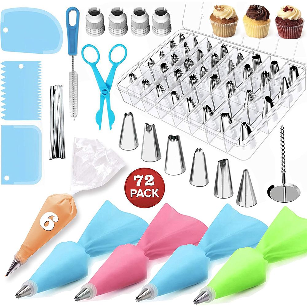 72PCS Piping Nozzle, Cake Decorating Supplies Kit, Stainless Nozzle Tip with Cream Pastry Bag, Smoother, and Adapter, Baking Supplies for Cake DIY, Pastry Making, Dessert Decorating