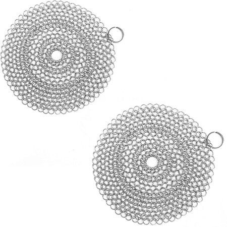 2PCS Cast Iron Skillet Cleaner Chainmail, Premium Stainless Steel Chain Maille Scrubber for Cast Iron Pans,Stainless Steel, Glassware (7IN Round)