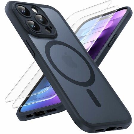 3 in 1 Magnetic for iPhone 15 Pro Case,Upgraded [Full Camera Protection] with 2 Screen Protector,Fit for MagSafe,[Military Grade Drop Protection] Translucent Matte Back Phone Case 6.1 Inch,Black