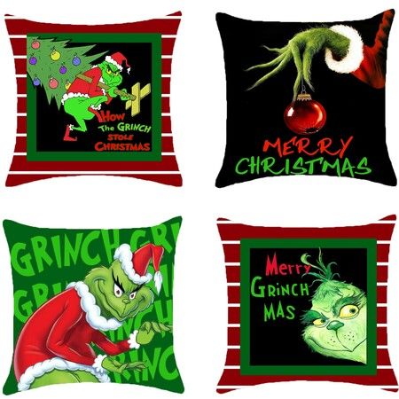 Christmas Pillow Covers 18x18 inch Set of 4 for Christmas Decorations Winter Xmas Farmhouse Pillow case,Merry Grinchmas Throw Pillow Covers Cotton Linen Pillow Case Grinch Holiday Decor for Home
